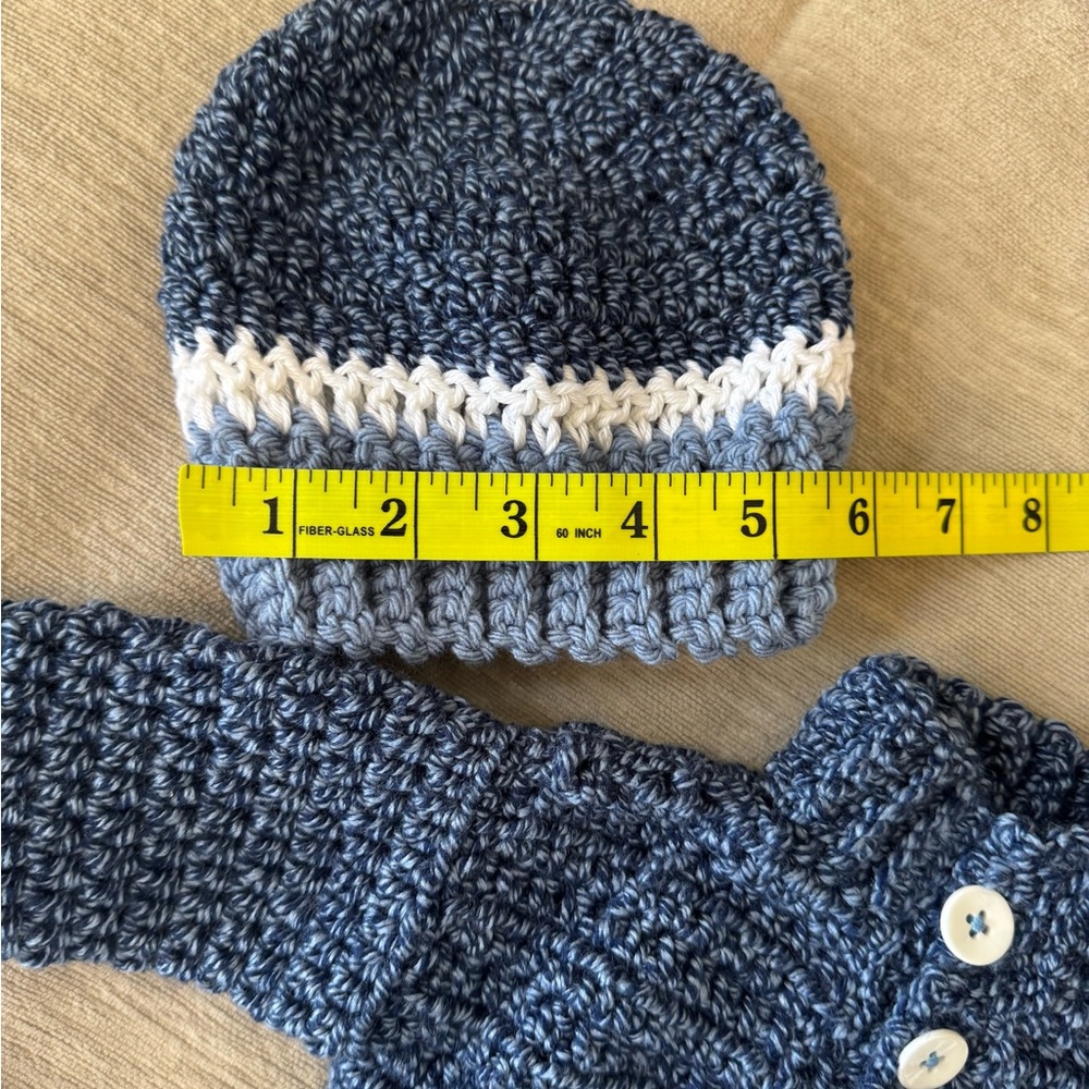 Handmade Crochet Baby Boy Outfit Set Navy Blue & Gray Sweater Hat Booties 0–3 - Picture 9 of 10
